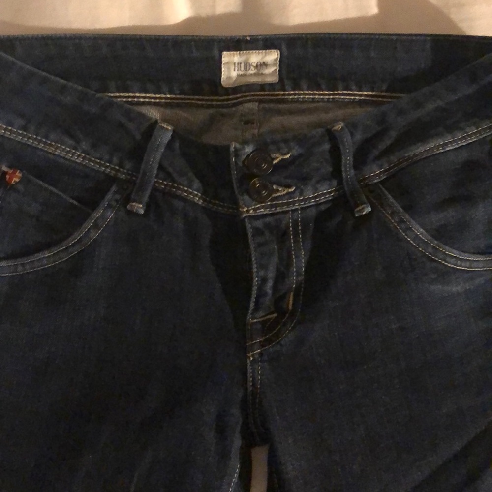 Hudson dark denim, low rise crop jeans.